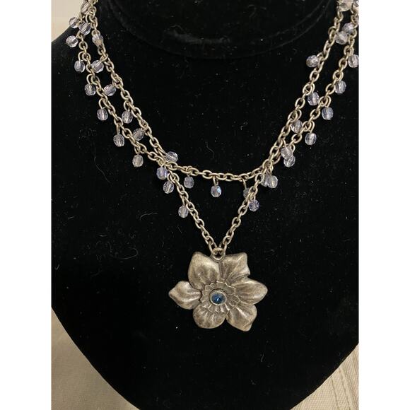 Vintage Costume Jewelry Flower Pendant 18 in Necklace Blue Jeweled Double Chain - Picture 2 of 7